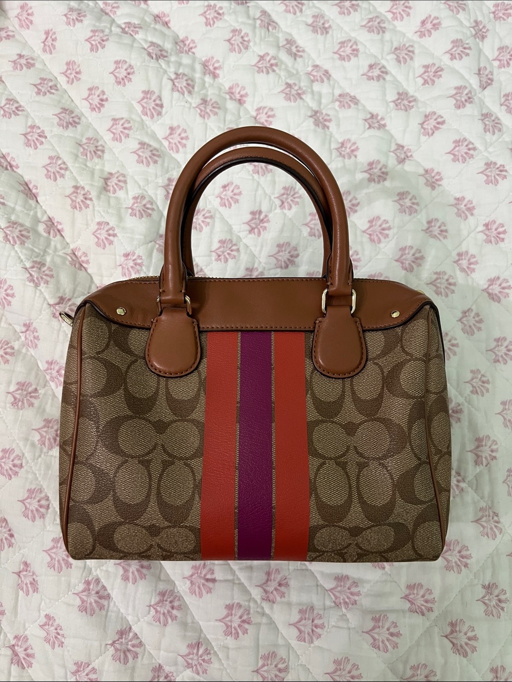 Coach Brown Signature Purse with Red & Pink Center Stripes - Picture 2 of 8